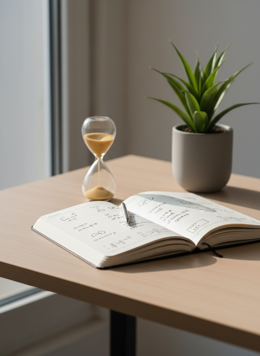 Un cuaderno abierto de tapa dura en tonos neutros, con páginas llenas de pequeños diagramas de flechas, metas escritas a mano representadas como símbolos abstractos y casillas marcadas, descansa sobre un escritorio de madera clara perfectamente ordenado. A un lado, un reloj de arena de vidrio transparente con arena dorada a medio caer y, al otro, una planta verde frondosa en una maceta de cerámica mate. Luz natural de mañana entra por una ventana fuera de cuadro, creando reflejos suaves sobre el cristal y sombras delicadas. Fotografía a nivel de mesa, con profundidad de campo reducida que enfoca el cuaderno y deja el fondo ligeramente desenfocado. Estética realista, limpia y profesional, transmitiendo claridad mental, avance y foco.