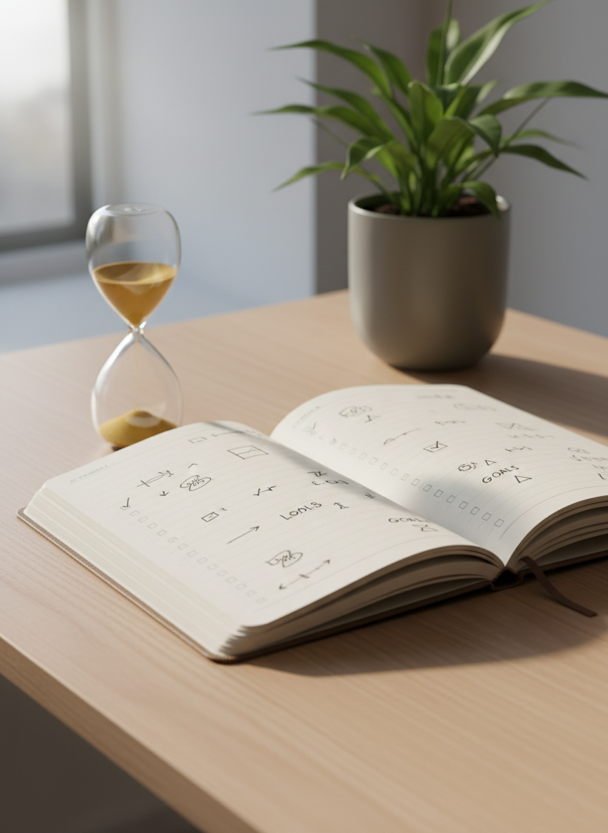 Un cuaderno abierto de tapa dura en tonos neutros, con páginas llenas de pequeños diagramas de flechas, metas escritas a mano representadas como símbolos abstractos y casillas marcadas, descansa sobre un escritorio de madera clara perfectamente ordenado. A un lado, un reloj de arena de vidrio transparente con arena dorada a medio caer y, al otro, una planta verde frondosa en una maceta de cerámica mate. Luz natural de mañana entra por una ventana fuera de cuadro, creando reflejos suaves sobre el cristal y sombras delicadas. Fotografía a nivel de mesa, con profundidad de campo reducida que enfoca el cuaderno y deja el fondo ligeramente desenfocado. Estética realista, limpia y profesional, transmitiendo claridad mental, avance y foco.