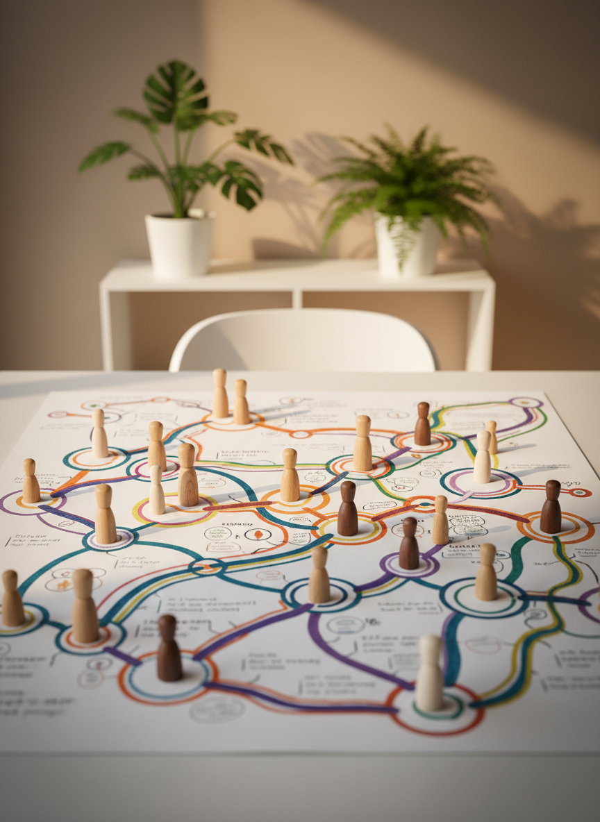 Una mesa de trabajo moderna en color blanco sobre la que se despliega un gran mapa conceptual dibujado como líneas y nodos de colores, representando caminos de vida y decisiones. Entre los nodos, pequeñas figuras abstractas de madera en distintos tonos simbolizan diferentes facetas del yo, colocadas en distintas etapas del recorrido. En el fondo, una pared suave color arena con una estantería minimalista y algunas plantas verdes difuminadas. Luz cálida de tarde entra lateralmente, generando un ambiente acogedor y reflexivo. Fotografía en plano cenital, con foco nítido en el mapa y un ligero viñeteado que centra la atención en el recorrido. Estilo realista y contemporáneo, evocando autodescubrimiento, perspectiva y planificación.