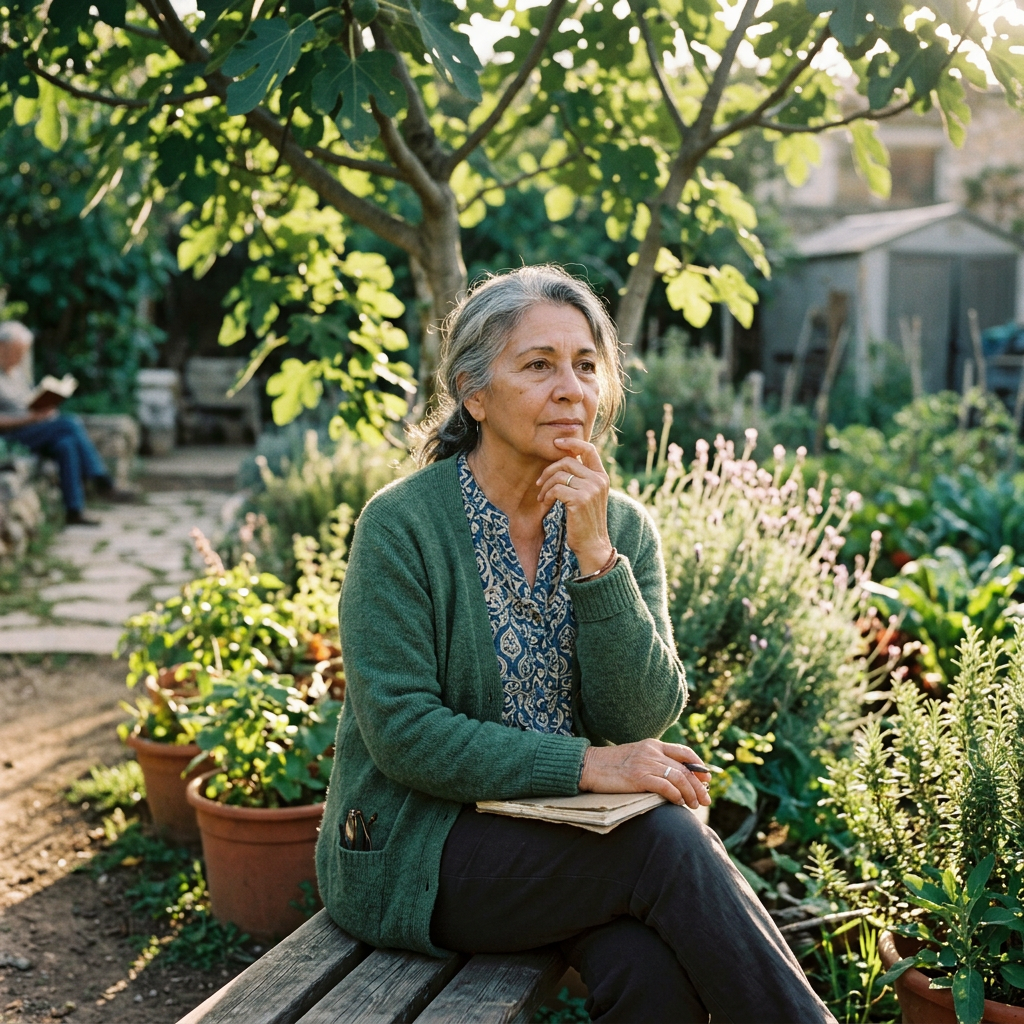 Woman sitting in a garden with notebook, thoughtfully resting her chin on one hand