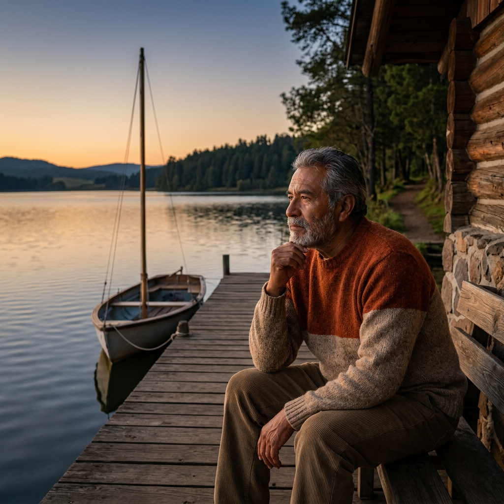 Man sitting thoughtfully on a lakeside dock beside a small boat